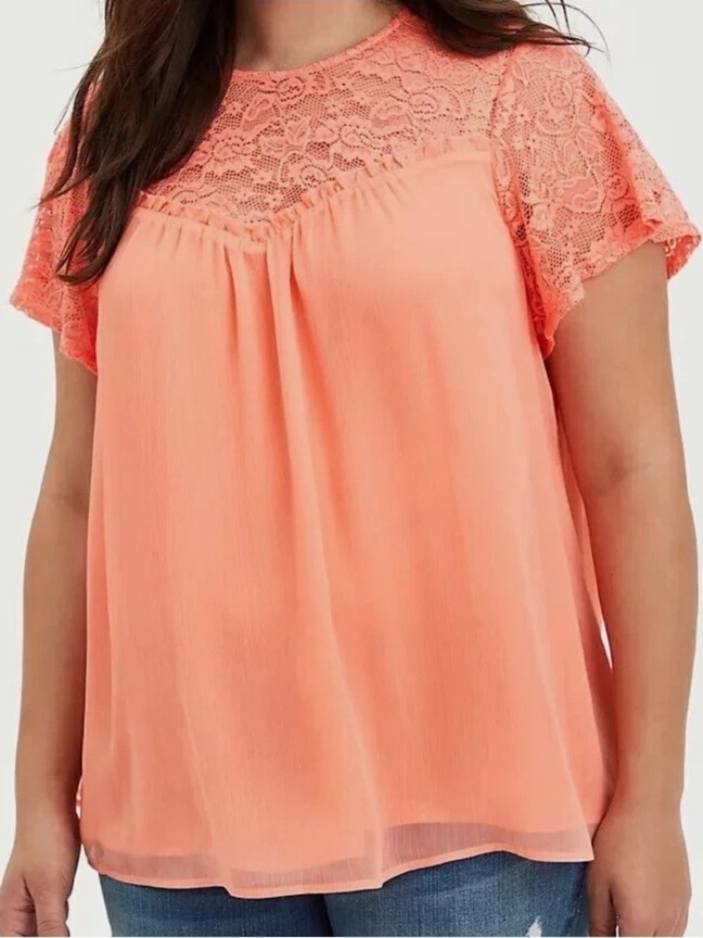 Torrid Scoop Neck Crinkle Chiffon Lace Blouse Coral